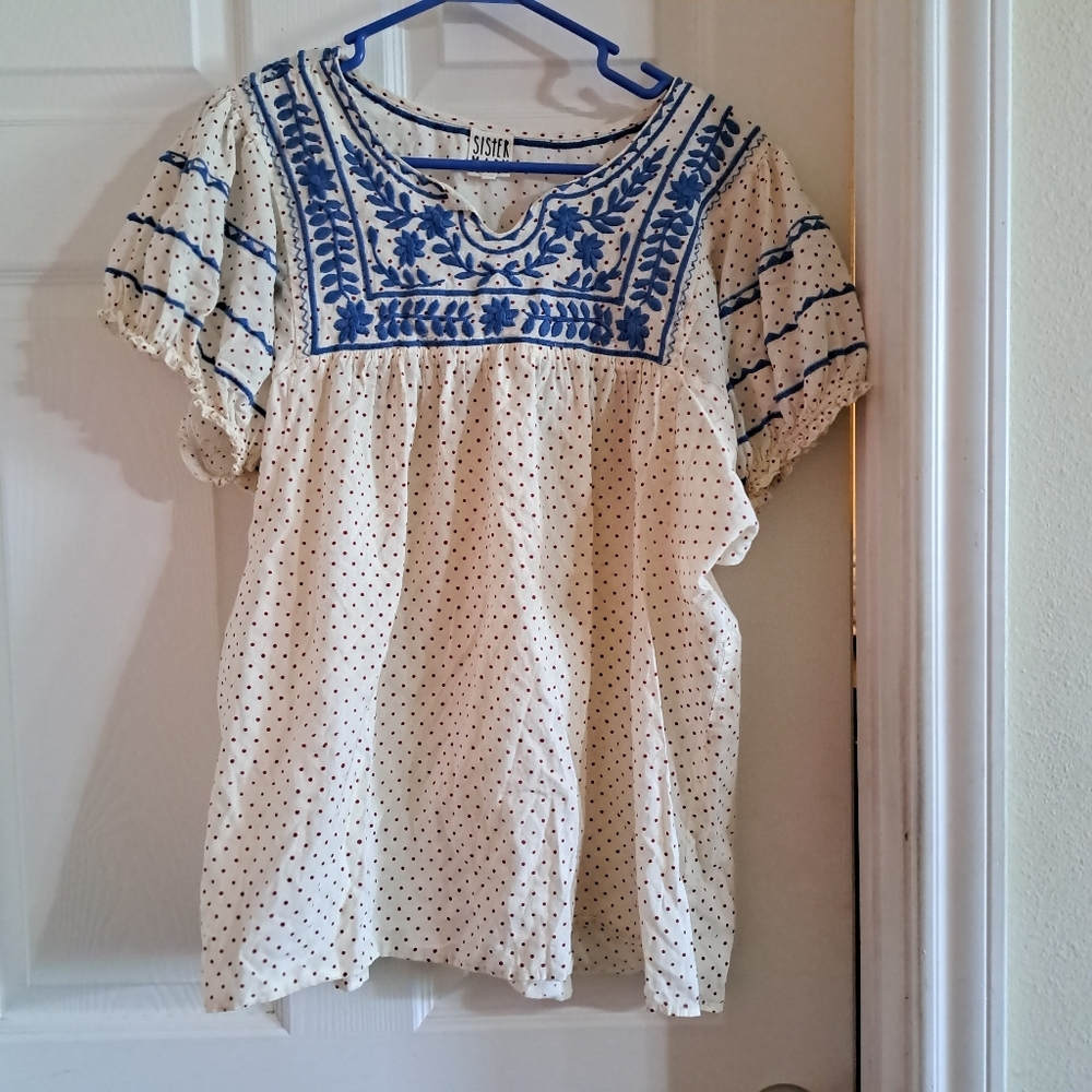Sister Mary Embroidered Polka Dot Top Large